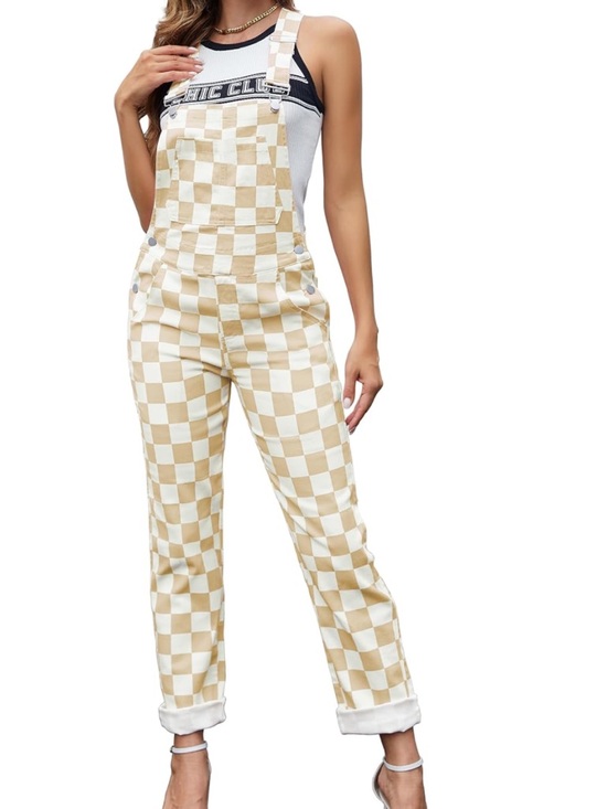 Amazon Pants - Beige & White Checkerboard Women's Overalls Jumpsuit